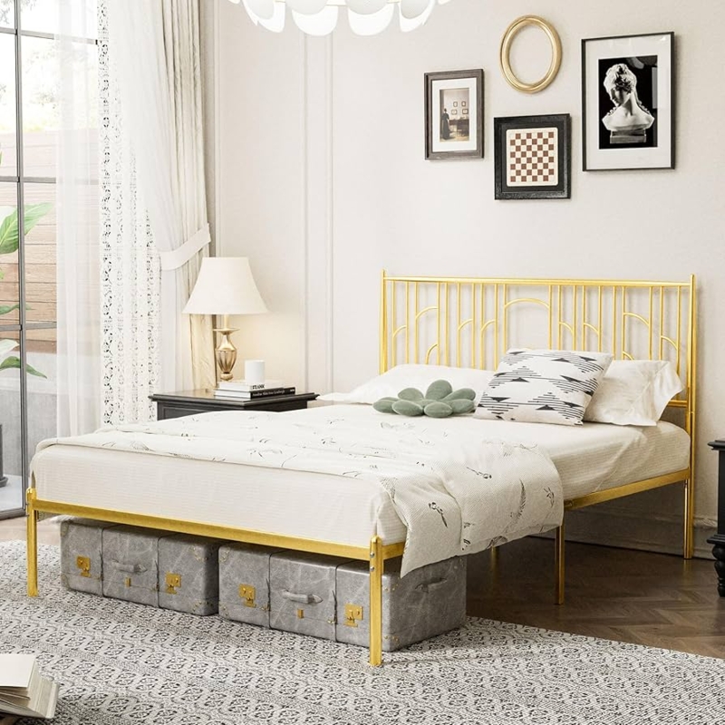 Victorian Bed Gold Metal Arched Silhouette Scrollwork Open Frame Airy