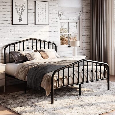 Victorian Wrought Iron Bed Frame Scrolled Headboard Matte Black
