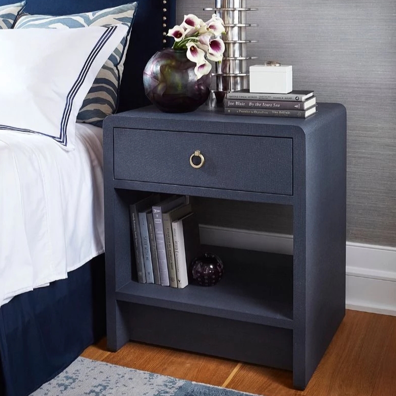 Villa & House Benjamin 1 Drawer Side Table Blue Steel Lacquered Linen   CLAYTON GRAY HOME