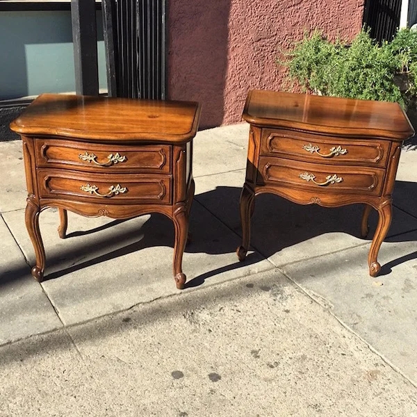 Vintage French Provincial Nightstands with Warm Wood Grain