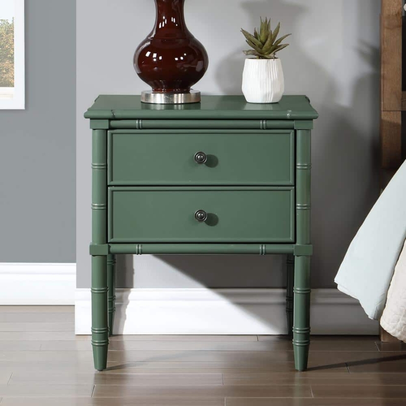 Vintage Green Bedroom Storage Nightstand, Gold Knobs, Bracket Feet