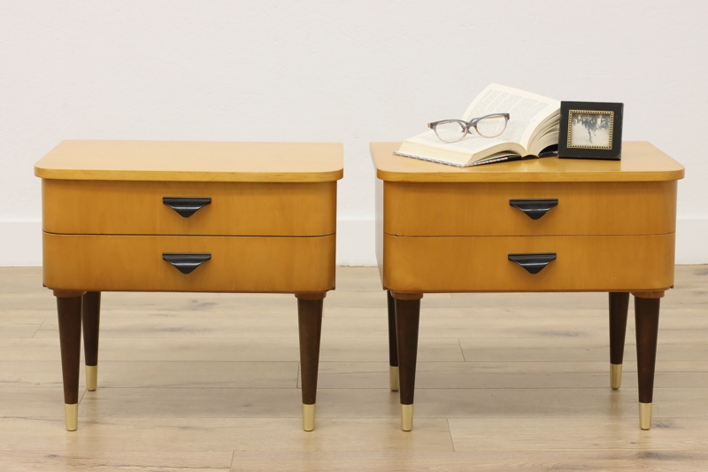 Vintage Maple Nightstands Pair, Tapered Legs with Brass Ferrules