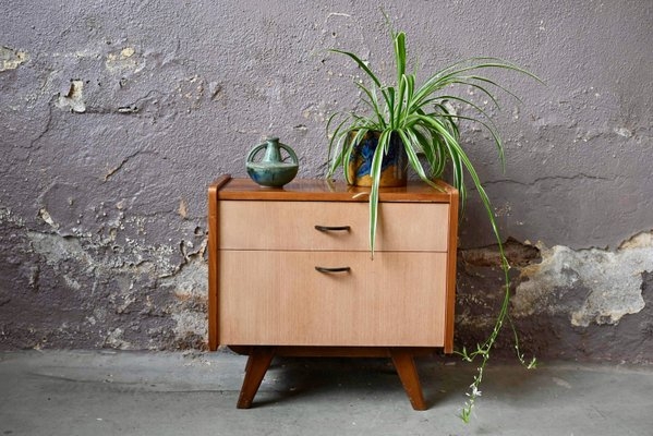 Vintage Nightstand Compass Legs Mid-Century Wood Bedside Table