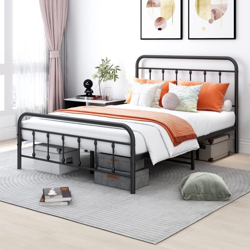 Vintage Spindle Bed Frame Textured Black Metal Industrial Headboard