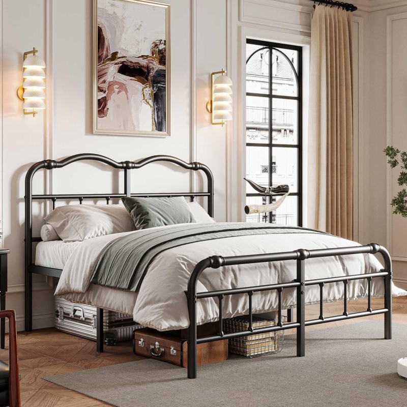 Vintage Style Black Steel Bed Frame with High Clearance Spindle Headboard