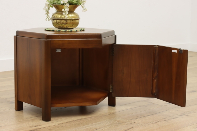 Vintage Walnut Hexagonal Side Table with Single Drawer and Raised Edge