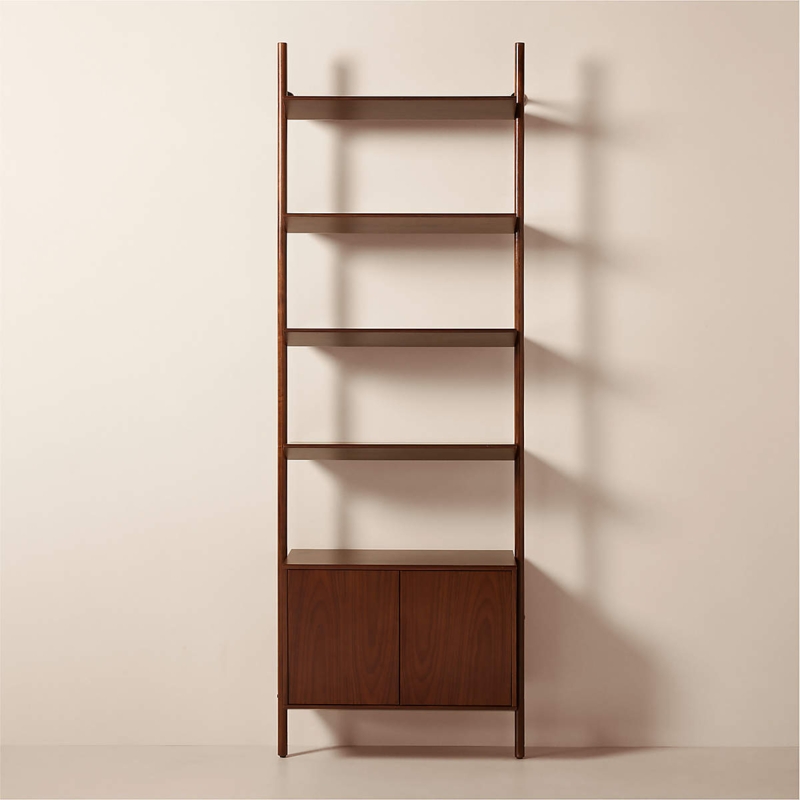 Wall Mounted Bookcase Walnut Finish Angled Uprights Storage Cabinet