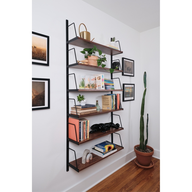 Wall Mounted Bookshelf Five Tier Wood and Black Metal Frame Minimalist
