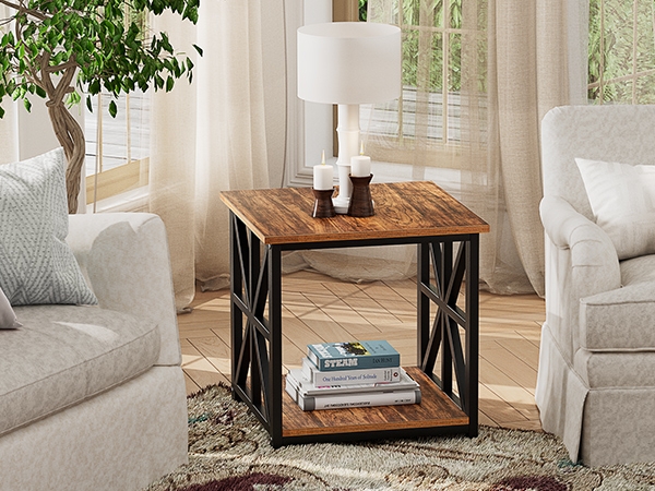 Walnut and Metal End Table Two-Tier Storage Square Top