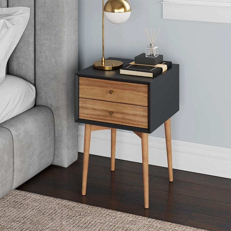 Walnut and White Side Table, Tapered Legs, Single Contrast Drawer