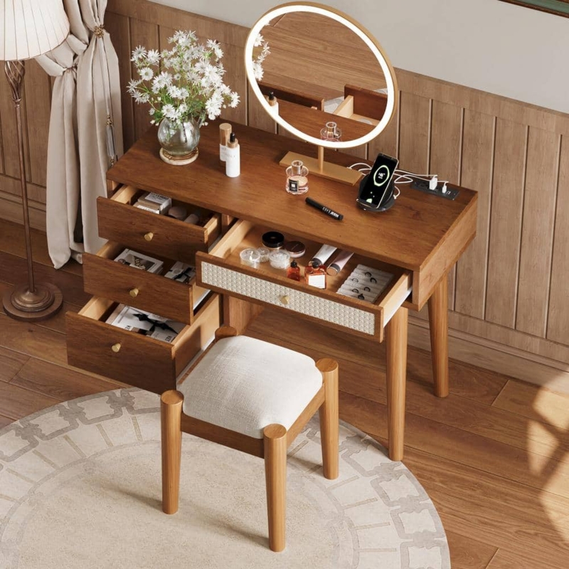 Walnut Boho Vanity with Rattan Drawer Fronts and Mirror