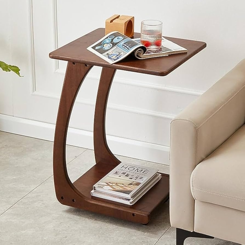 Walnut C-Shaped Rolling End Table with Mid-Century Slatted Sides