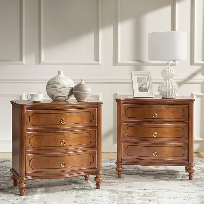Walnut Curved Front Nightstand Set, Classic Three Drawer Bedside Tables