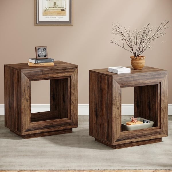 Walnut End Table with Drawer and Shelf Storage, Set of 2