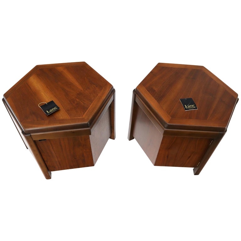 Walnut Hexagonal End Table with Tapered Legs and Cabinet Storage