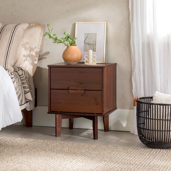 Walnut Nightstand Integrated Handles Two Drawers Tapered Legs