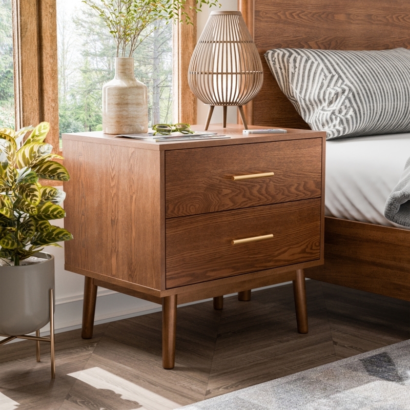 Walnut Nightstand Recessed Handles Tapered Legs
