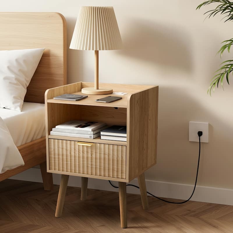 Walnut Nightstand Set featuring Fluted Drawer Front and Charging Station
