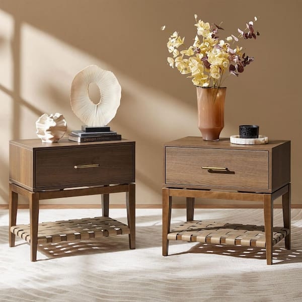 Walnut Nightstand Set with Built-in Charging and Gold Hardware Accents