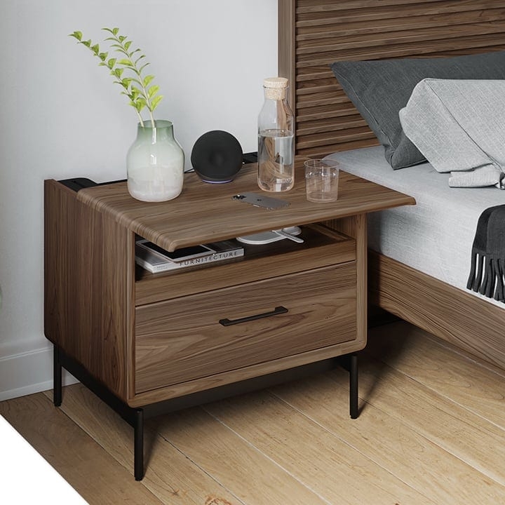 Walnut Nightstand Sliding Top Integrated Power Station