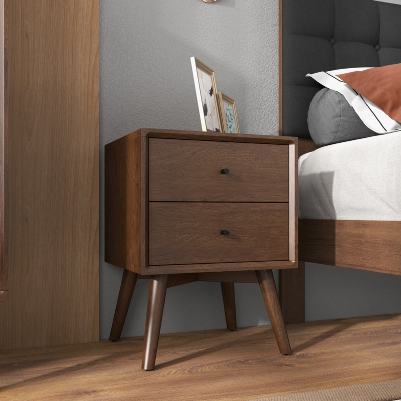 Walnut Nightstand with Beveled Frame and Two Integrated Pull Drawers