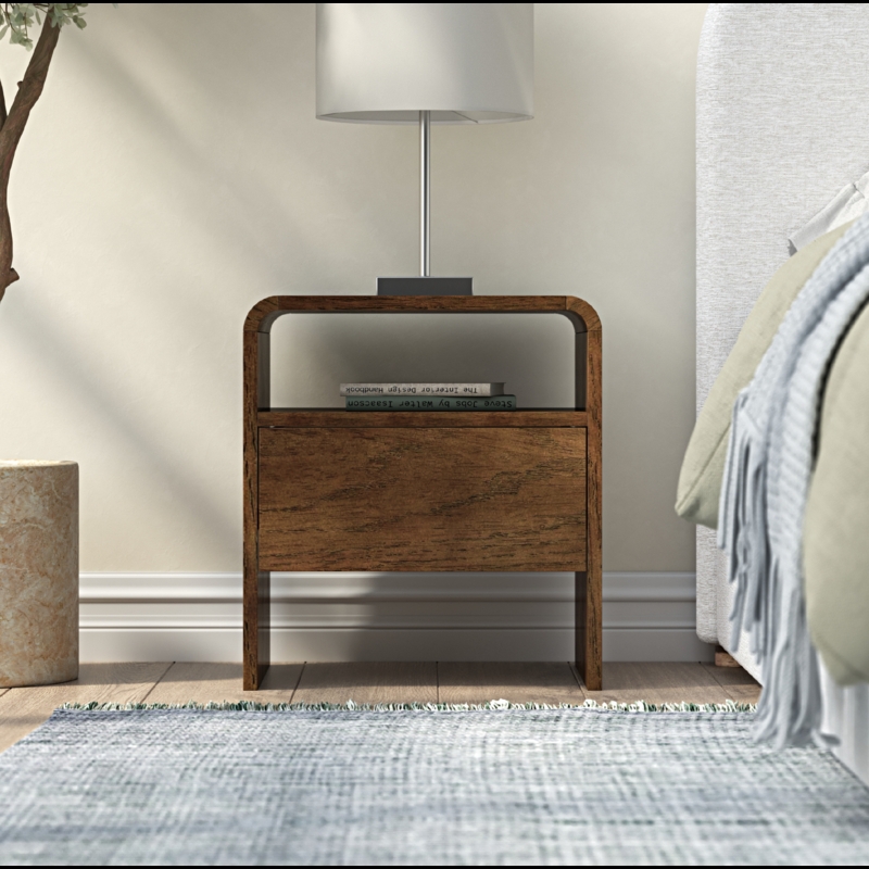 Walnut Nightstand with Elegant Rounded Top Edges and Integrated Pulls