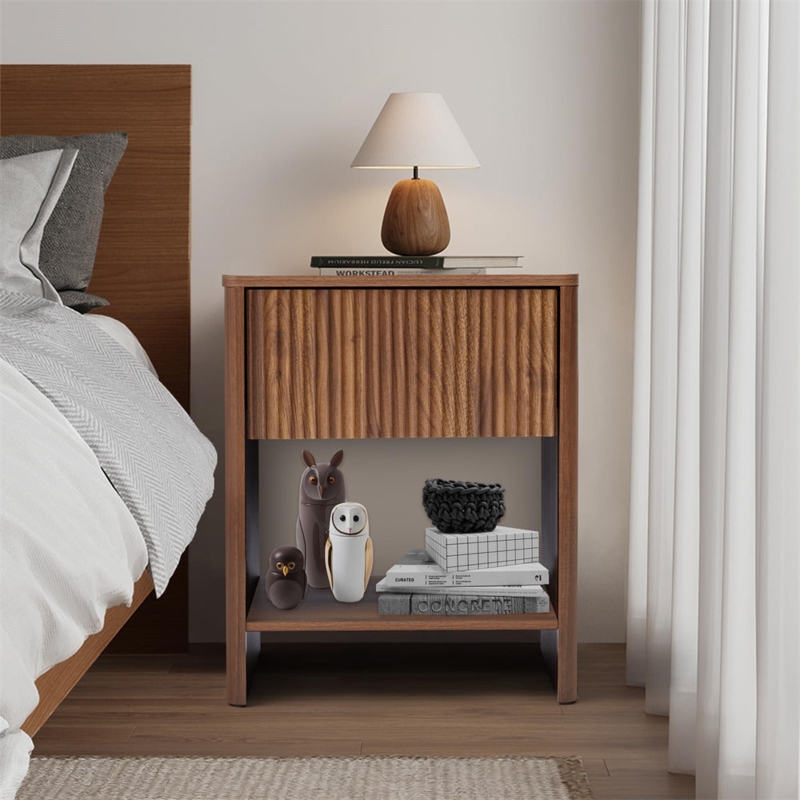 Walnut Nightstand with Fluted Cabinet Door and Gold Leg Caps