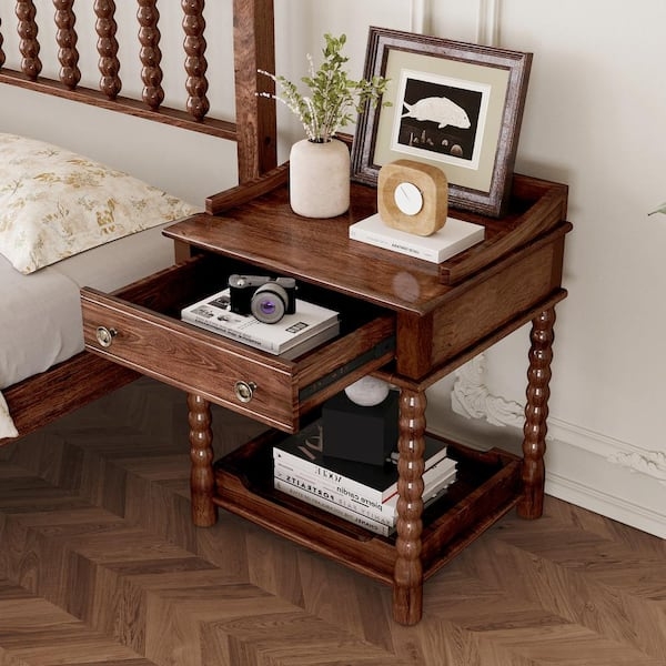 Walnut Nightstand with Gold Hardware, Turned Legs, and Open Shelf