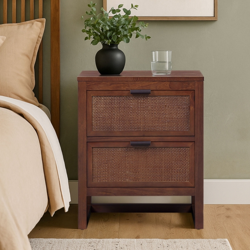 Walnut Nightstand with Rattan Drawer Fronts and Tapered Legs