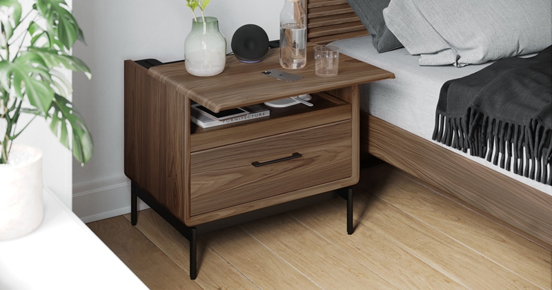 Walnut Nightstand with Sliding Top and Integrated Power Strip