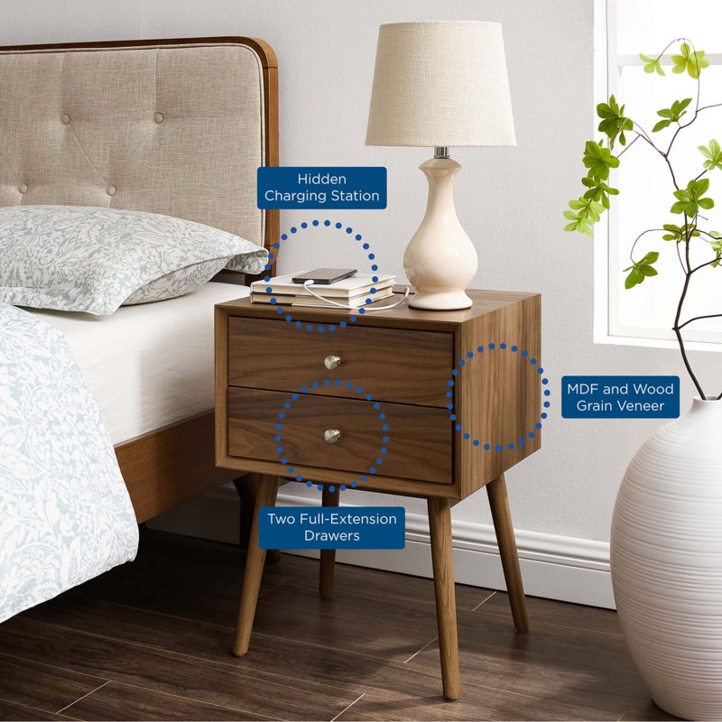 Walnut Nightstand with Splayed Legs, Open Cubby, and Built-In USB Ports