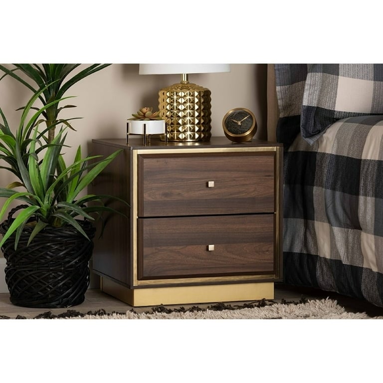 Walnut Nightstand with Two Drawers supported by Gold Metal Sled Base