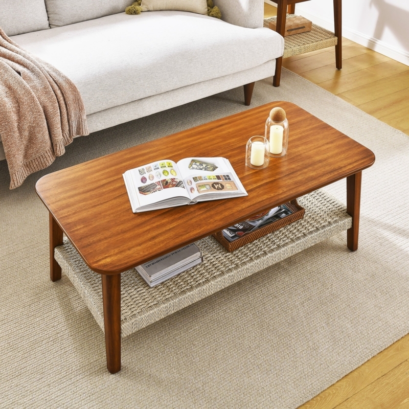 Walnut Rectangular Coffee Table with Woven Rattan Storage Shelf