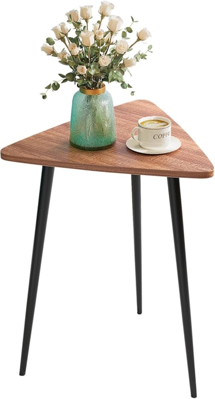 Walnut Toned Triangular Side Table with Black Metal Frame