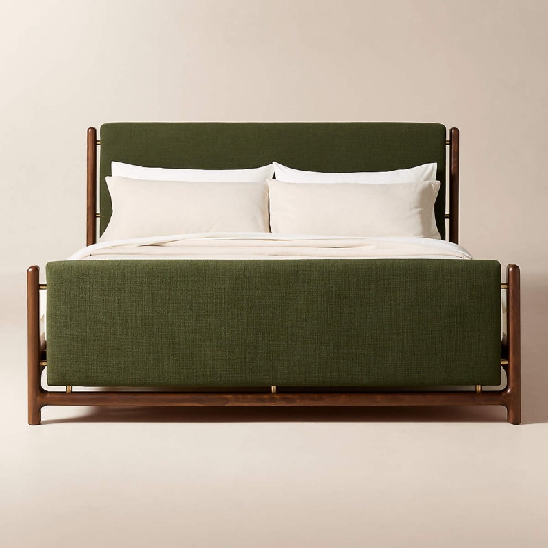 Walnut Wood Frame Bed with Forest Green Upholstered Panels