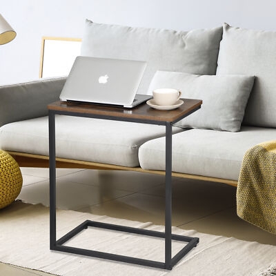 Walnut Wood Toned C-Shaped End Table, Metal Frame, Under Sofa Base