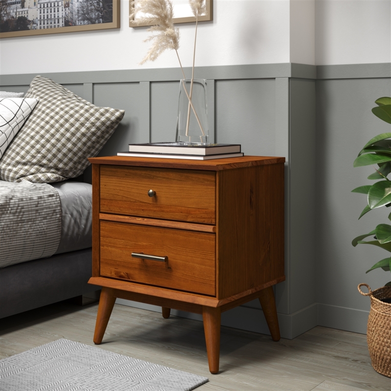 Warm Acorn Nightstand with Two Drawers and Tapered Splayed Legs