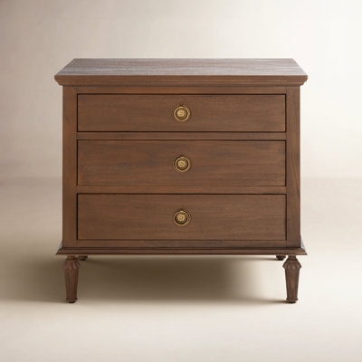 Warm Wood Nightstand Three-Drawer Rustic Farmhouse Style