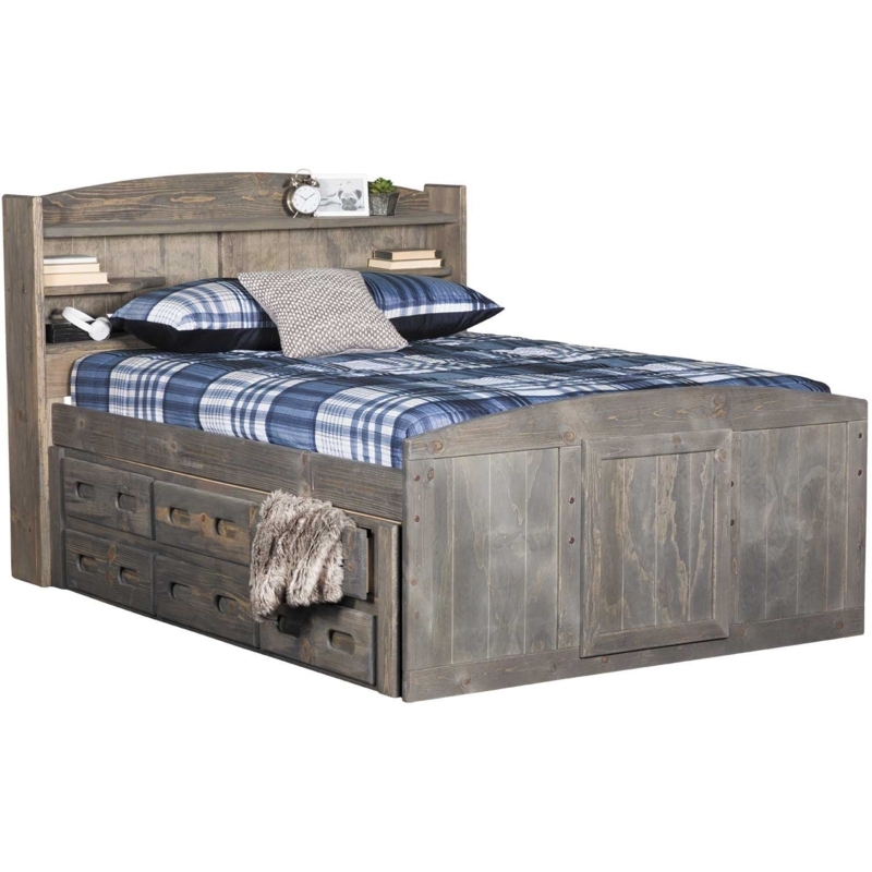 Warm Wood Storage Bed with Footboard Drawers and Paneled Headboard