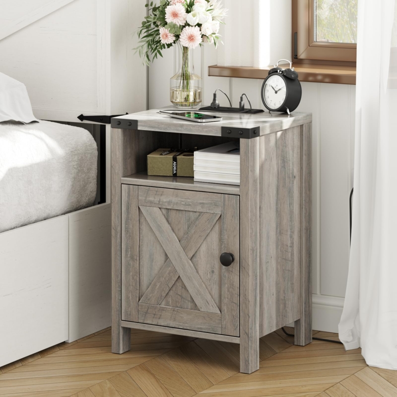 Wash Grey Nightstand with Built-In Power and Barn Door