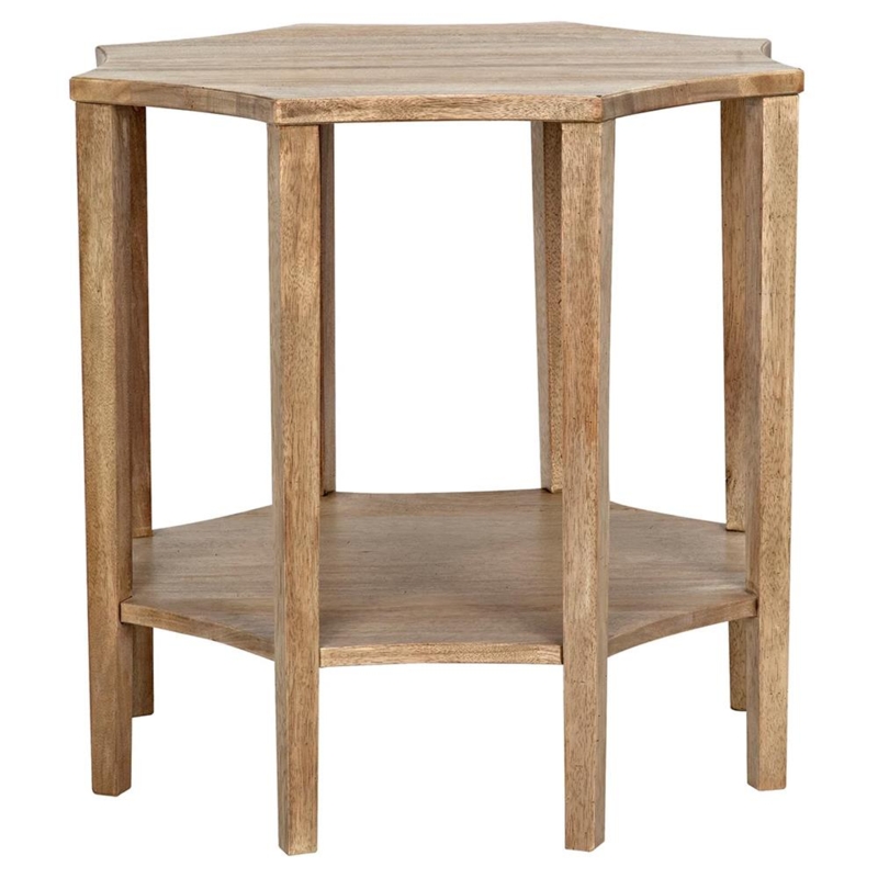 Washed Brown Wood Octagonal Side Table With Faceted Pedestal Base