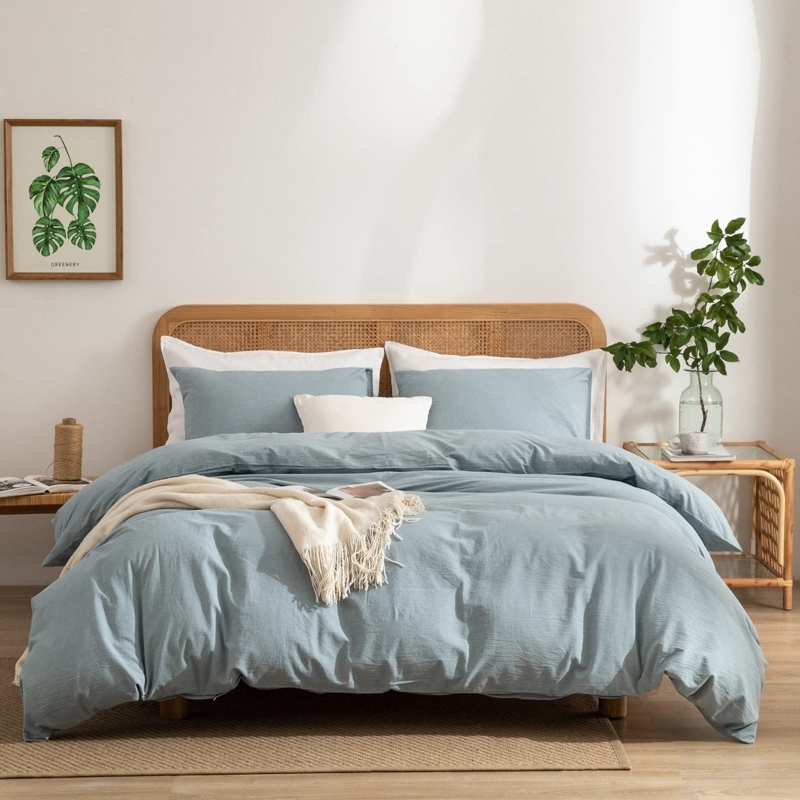Washed Cotton Duvet Cover Set Light Blue Linen Texture
