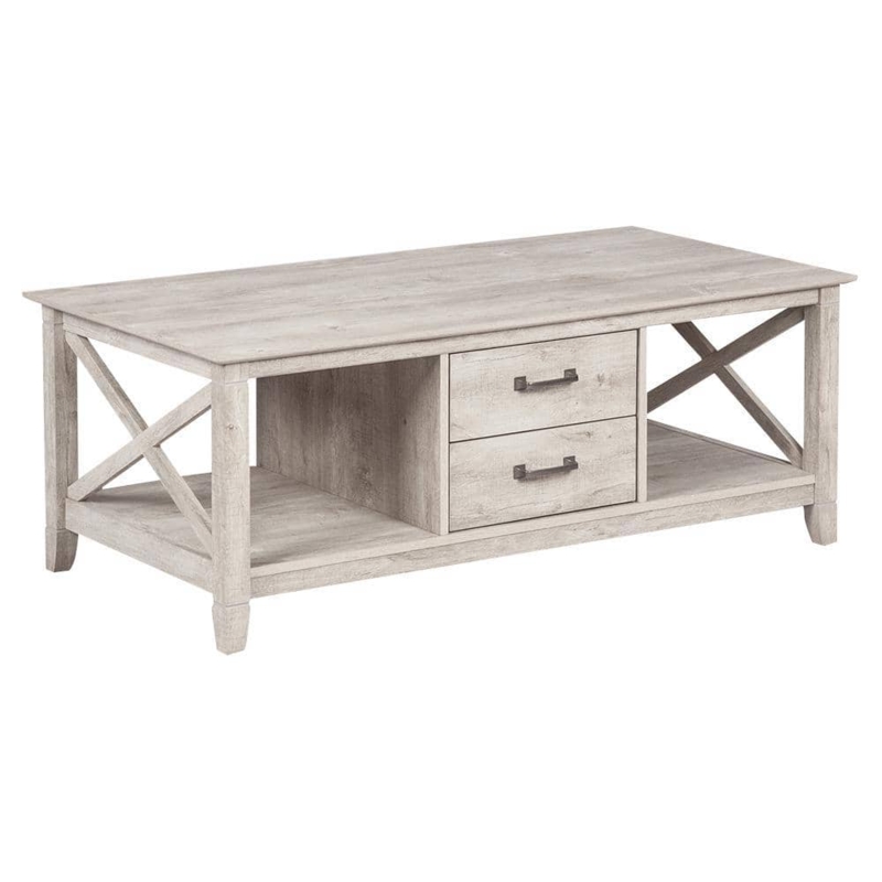 Washed Gray Coffee Table Two Drawers Open Shelf Farmhouse Storage