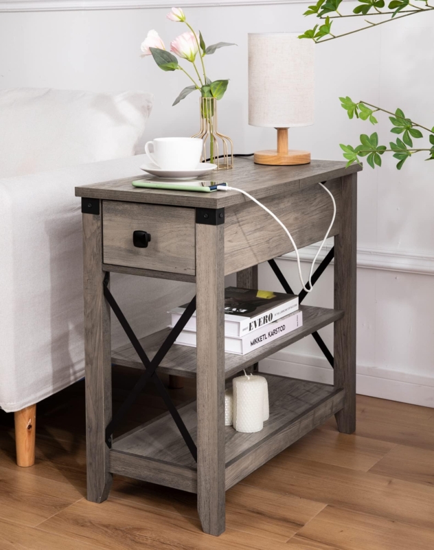 Weathered Gray End Table Flip Top Charging with X-Frame Sides