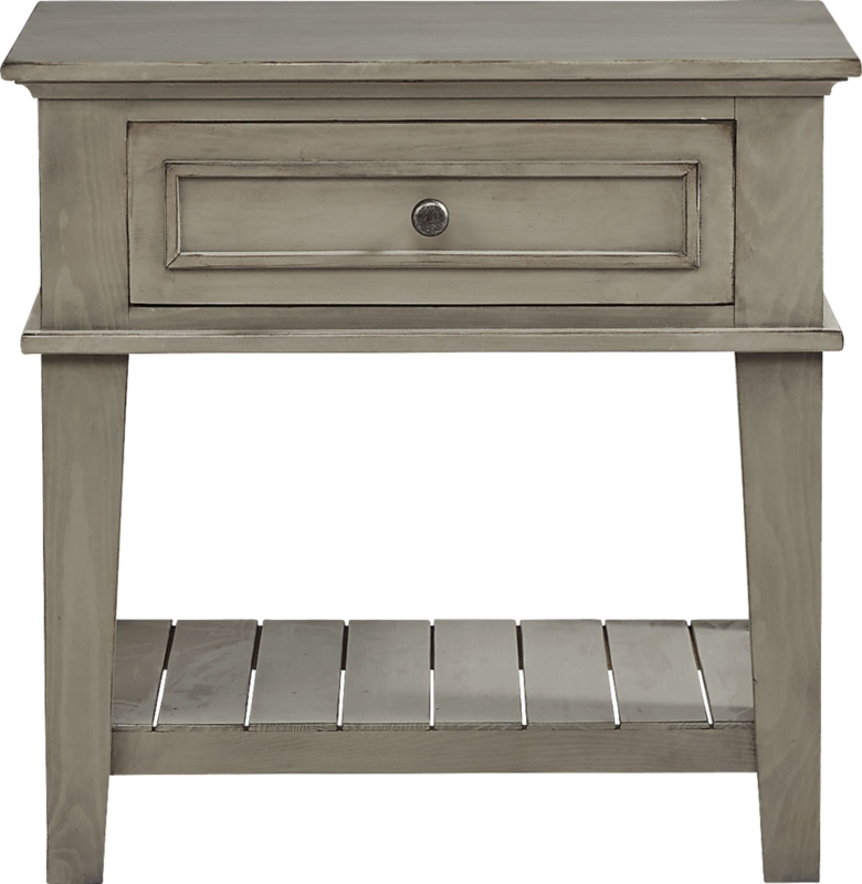 Weathered Gray Nightstand with Three Drawers and Dark Circular Knobs