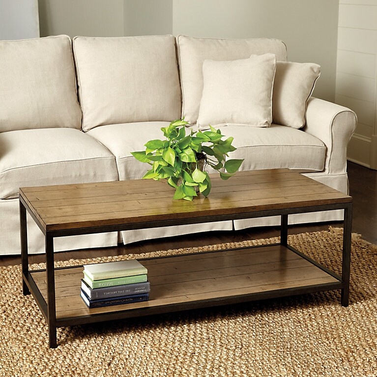 Weathered Wood and Metal Furniture Coffee Table Two-Tier Rectangular
