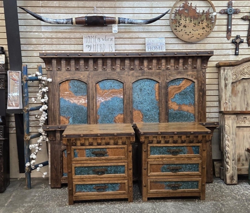 Western Nightstand with Hair-on-Hide Drawer Fronts and Ornate Pulls.