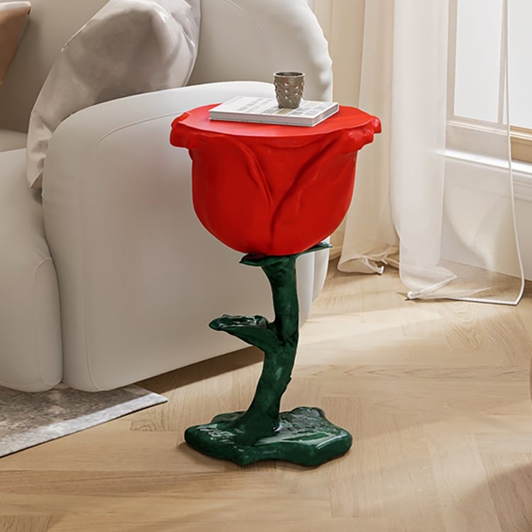Whimsical Pedestal Side Table with Red Rose Sculpture Base and White Tray