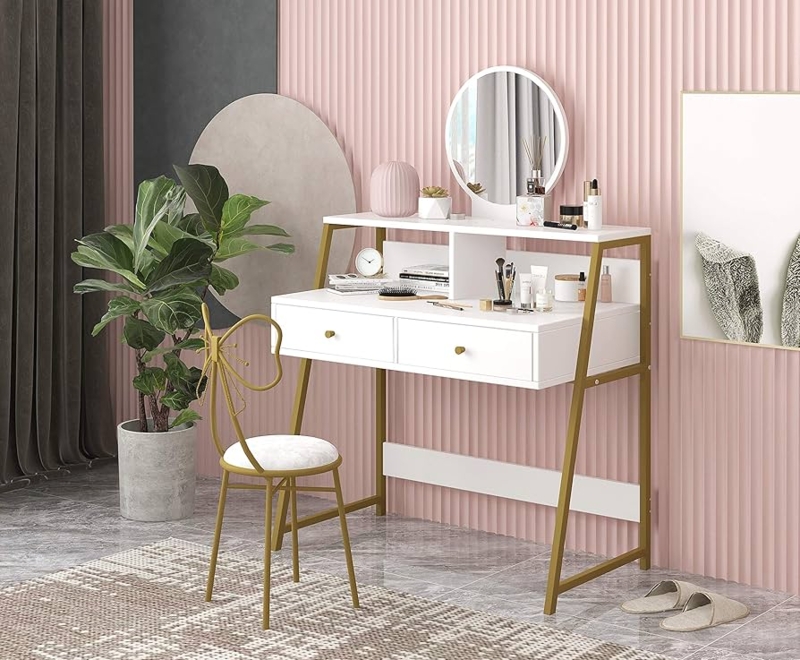 White and Champagne Gold Vanity Set with Desktop Shelf and Power Outlet