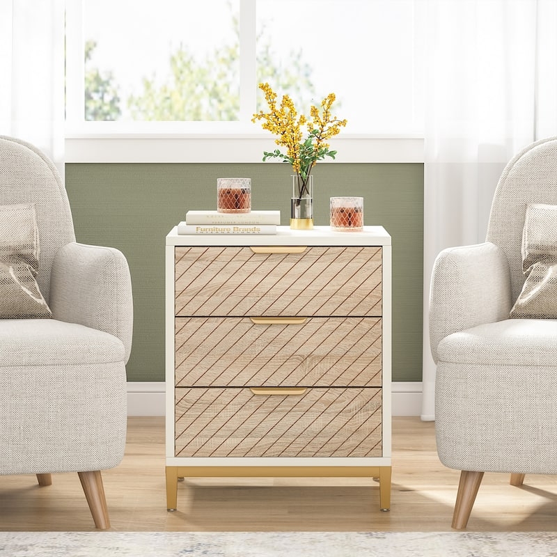 White and Gold Nightstand with Vertical Wood Grain Drawer Fronts
